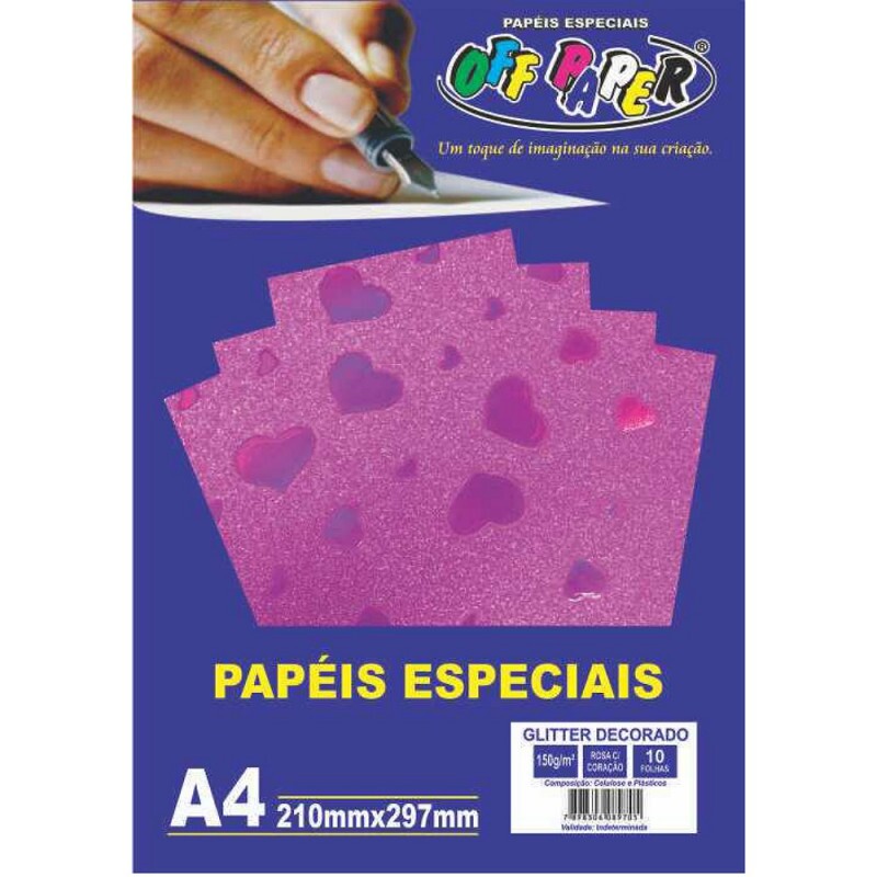 PAPEL GLITTER DECORADO ROSA C/ CORACAO 150G 10FLS