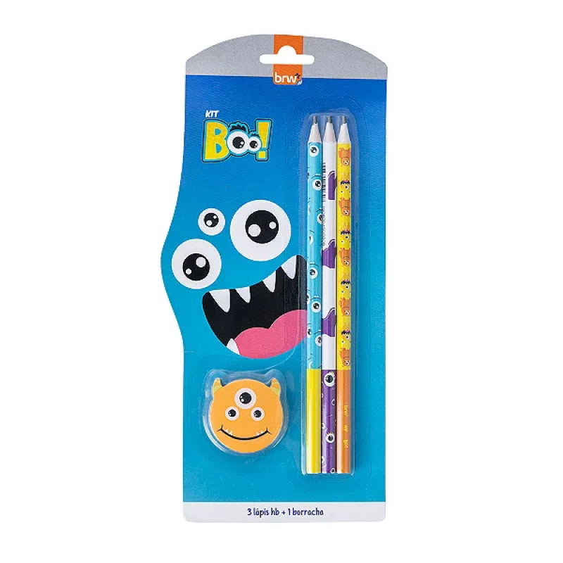 KIT ESCOLAR MONSTER 3 LÁPIS HB + 1 BORRACHA