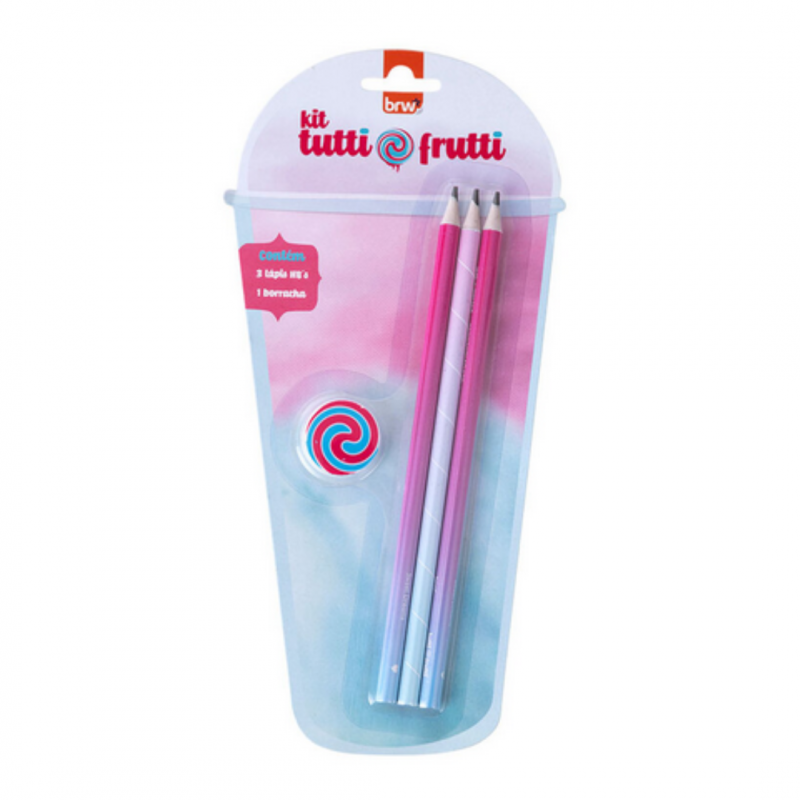 KIT ESCOLAR TUTTI FRUTTI 3 LÁPIS HB + 1 BORRACHA